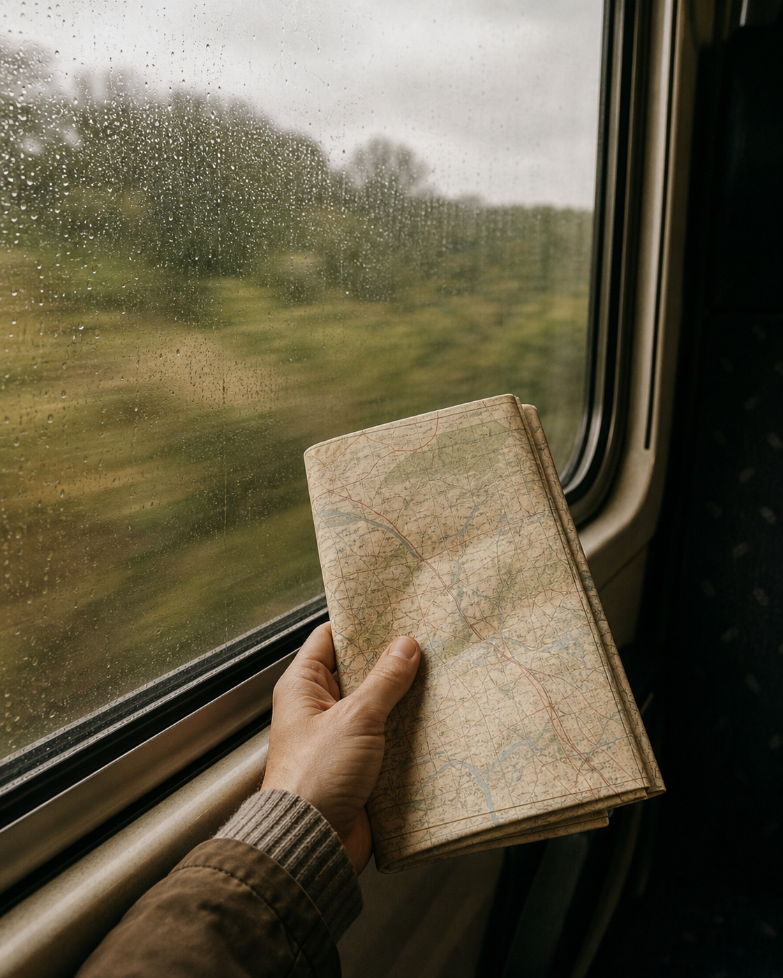 A hand holding a folded paper map beside a rain-flecked train window