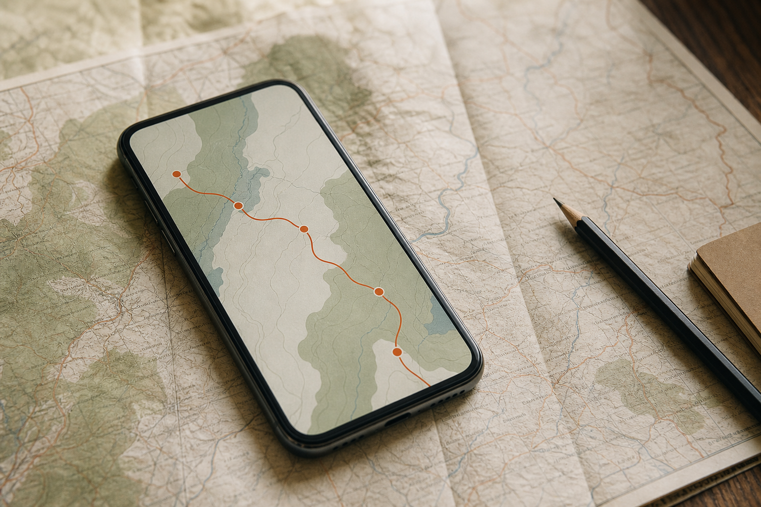 A phone on a map showing a route drawn automatically between pins