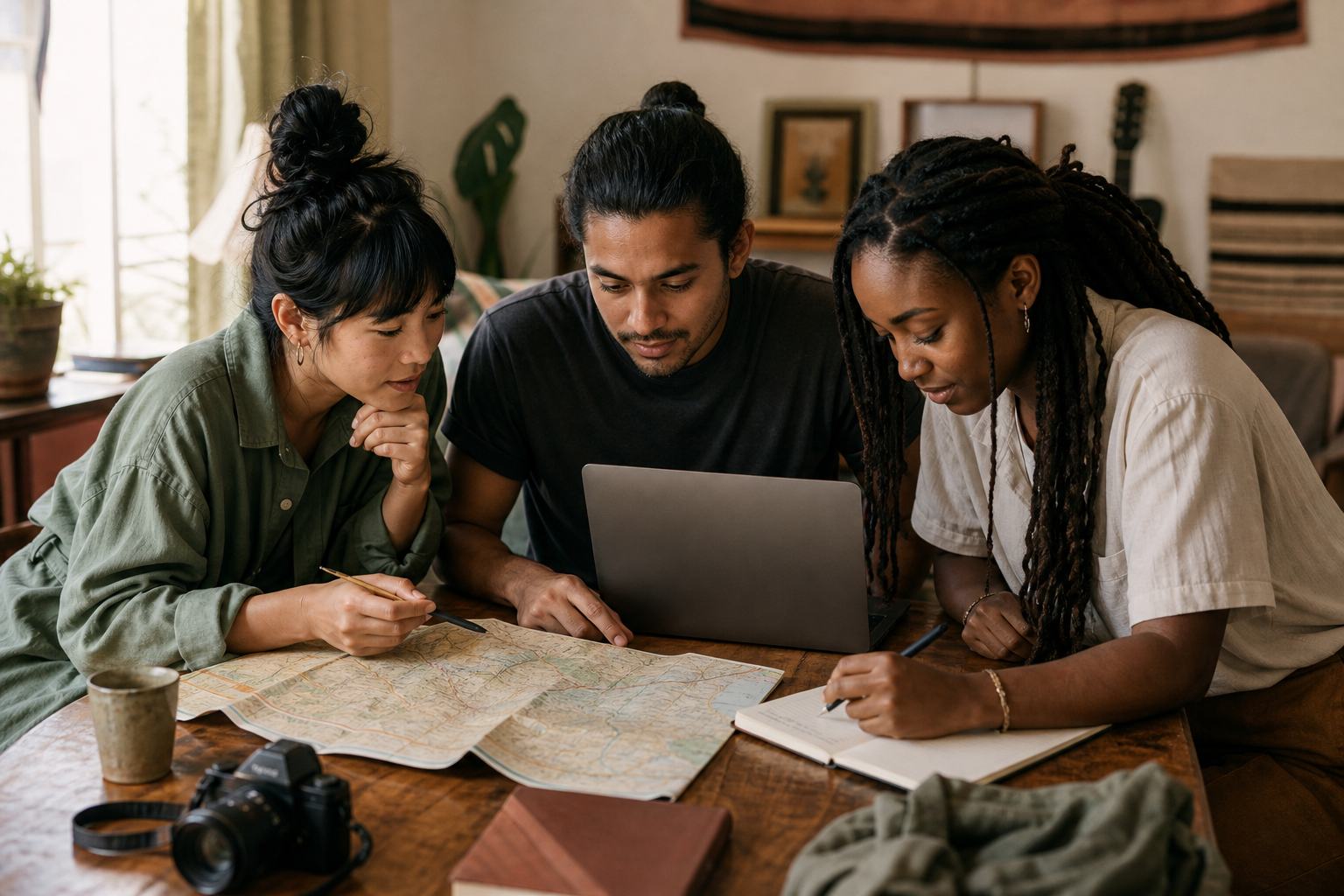 A few friends around a table planning a trip together