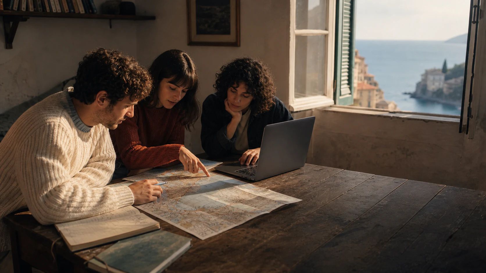 Three friends planning a trip together at a table, a laptop and a paper map between them
